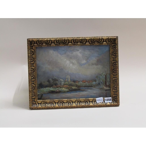 1258 - UNSIGNED - RIVERSCAPE, OIL ON BOARD, FRAMED, 24CM X 33CM