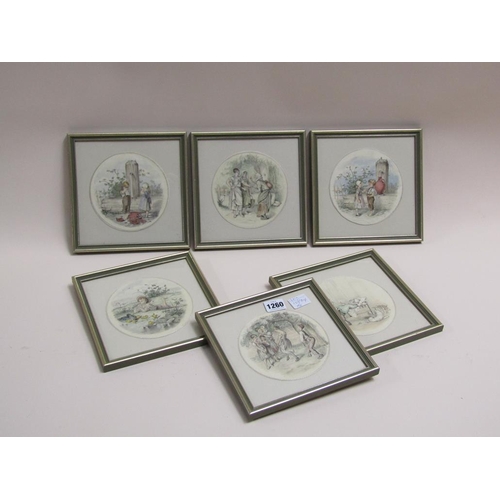 1260 - SERIES OF SIX PRINTED CIRCULAR SILK PANELS - VARIOUS SUBJECTS WITH CHILDREN, EACH APPROX. 13CM DIAM