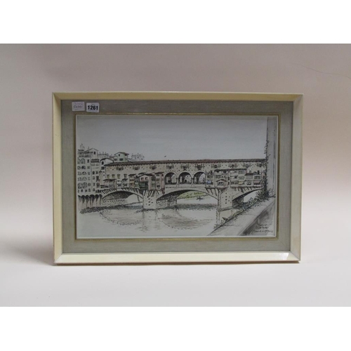 1261 - DAVID CAPLAN - PONTE VECHIO, FLORENCE, BLACK AND WHITE COLOUR WASH ENGRAVING, F/G, 31CM X 51CM