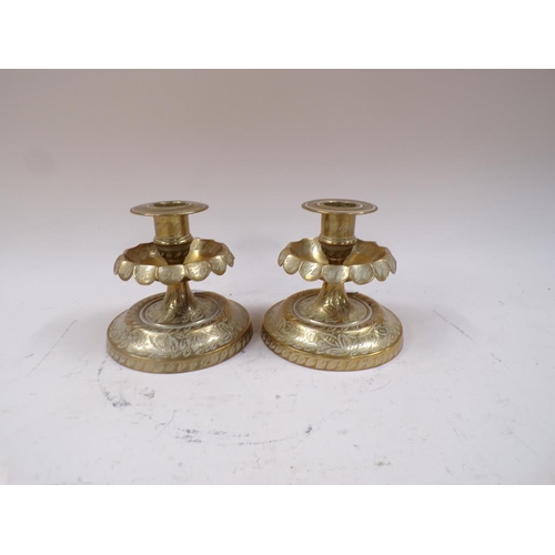 1437 - PAIR OF SHORT BRASS CANDLESTICKS, EACH 11cms H