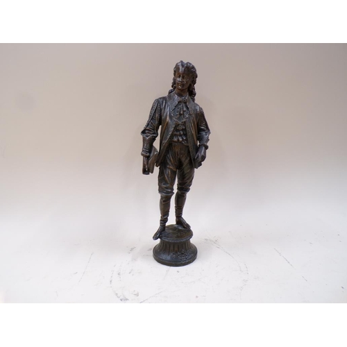 1440 - PATINATED METAL FIGURE OF MAN CARRYING FOLIO, ON STAND 30cms H OVERALL