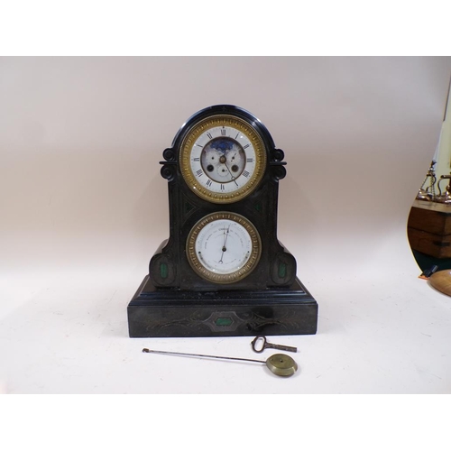 1442 - LATE VICTORIAN/EDWARDIAN SLATE CASED CLOCK BAROMETER - 44cms H