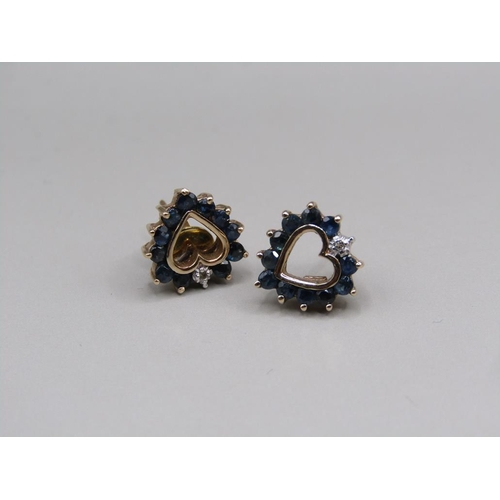 1464 - PAIR OF 9ct GOLD SAPPHIRE AND DIAMOND HEART SHAPED EARRINGS