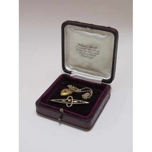 1486 - 9ct GOLD BAR BROOCH AND A GOLD DIAMOND SET HEART PENDANT ON CHAIN, 5.6g TOTAL WEIGHT