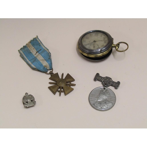 1496 - MILITARY POCKET WATCH, PUNCTUAL ATTENDANCE MEDAL, FRENCH WORLD WAR II MEDAL ETC.