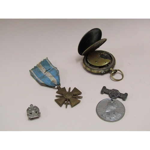 1496 - MILITARY POCKET WATCH, PUNCTUAL ATTENDANCE MEDAL, FRENCH WORLD WAR II MEDAL ETC.