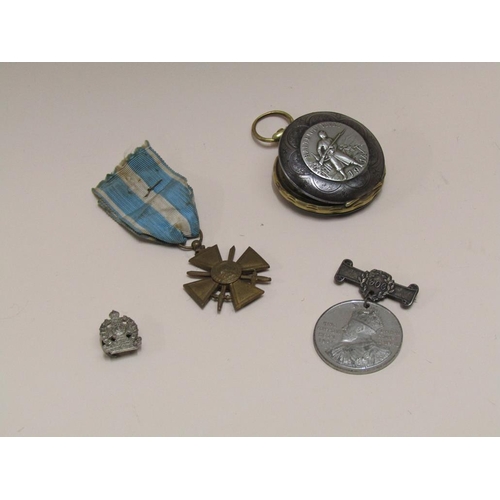 1496 - MILITARY POCKET WATCH, PUNCTUAL ATTENDANCE MEDAL, FRENCH WORLD WAR II MEDAL ETC.