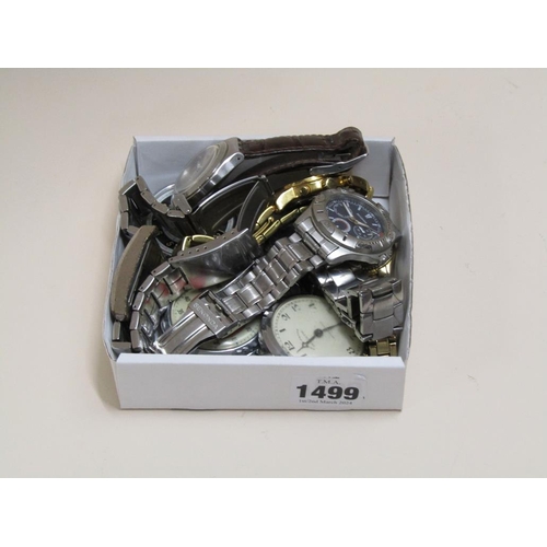 1499 - BOX OF GENTS WRISTWATCHES, POCKET WATCHES, STOP WATCHES ETC.