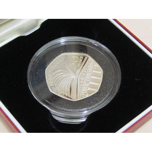 1517 - ROYAL MINT GLASGOW 2014 COMMONWEALTH GAMES UK 50p SILVER PROOF COIN, 150 YEARS OF PUBLIC LIBRARIES P... 