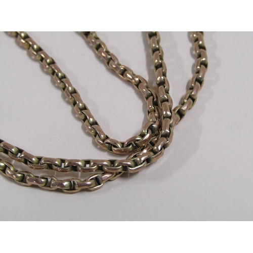 1532 - 9ct GOLD LONG GUARD CHAIN WITH ATTACHED HEART SHAPED PENDANT LOCKET, 32.4g