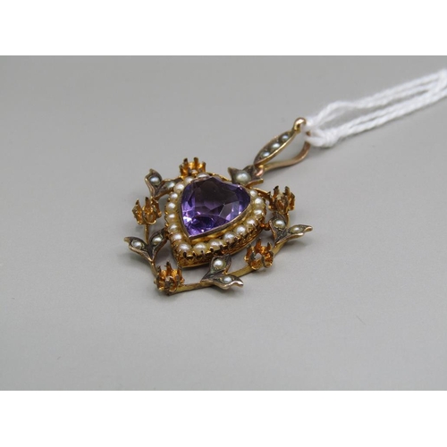 1536 - 9ct GOLD SEED PEARL AMETHYST HEART SHAPED PENDANT