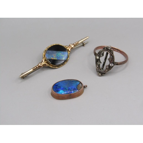 1583 - GOLD STONE SET BAR BROOCH, 9ct AND SILVER RING AND PENDANT