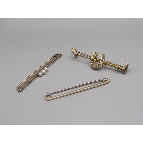 1587 - TWO 9ct AND ONE 15ct BAR BROOCHES