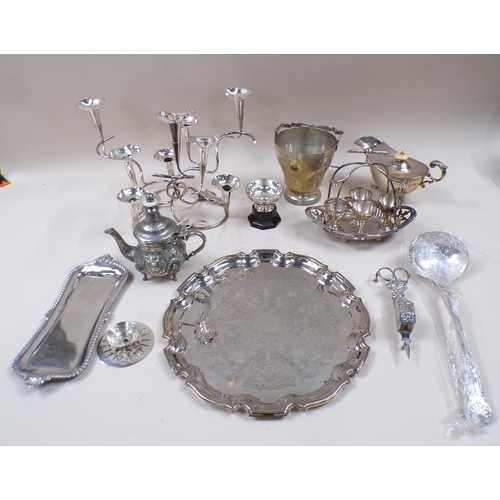 1760 - BOX OF MIXED SILVER PLATE TO INC. EPERGNE, SPOON WARMER ETC