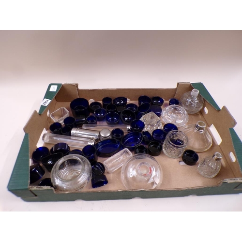 1762 - BOX OF BLUE GLASS LINERS AND OTHER GLASS SILVER TOP BOTTLES