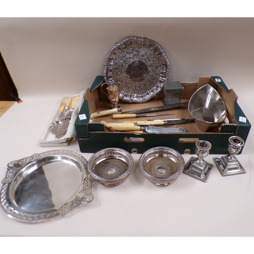 1766 - BOX OF MIXED SILVER PLATE TO INC. WINE BOTTLE COASTERS, CANDLESTICKS, CUTLERY, SALVERS ETC