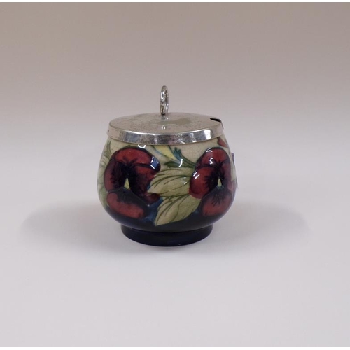 1788 - WILLIAM MOORCROFT PANSY PRESERVE POT WITH PLATED COVER, 10CM H