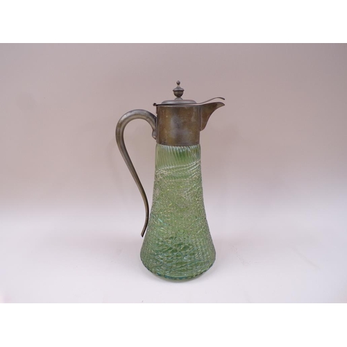 1810 - ART NOUVEAU GREEN IRIDESCENT VEINED EWER JUG WITH METAL MOUNTS, 28CM H