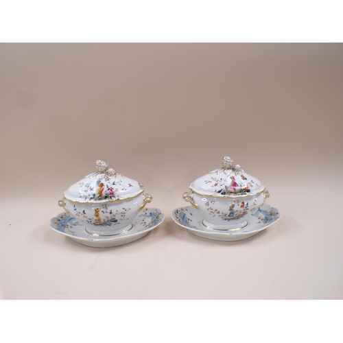 1815 - PAIR OF CONTINENTAL PORCELAIN TUREEN AND COVERS AND STANDS, HAND PAINTED WITH FLOWERS AND FIGURES, W... 