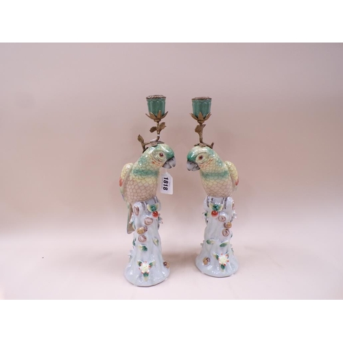 1818 - PAIR OF BRONZED AND PORCELAIN PARROT CANDELSTICKS, 37CM H