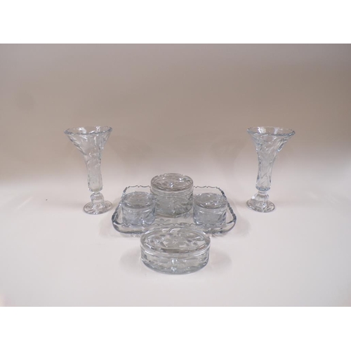 1822 - CRYSTAL GLASS DRESSING TABLE SET - VASES 21CM H