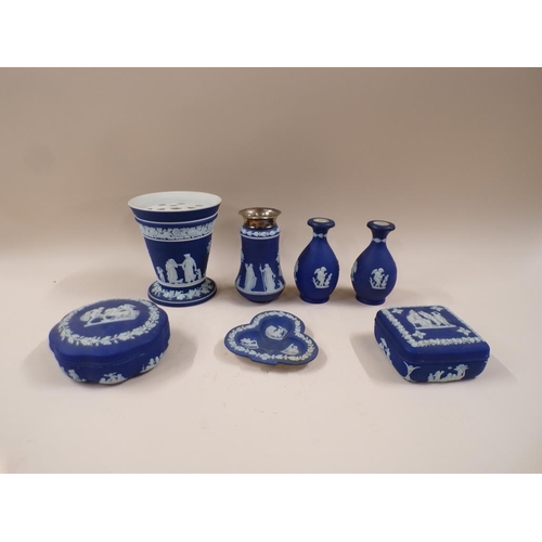 1856 - COLLECTION OF WEDGWOOD COBALT BLUE JASPERWARE FLOWER VASE, 16CM H