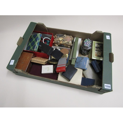 1698 - BOX OF MIXED COSTUME JEWELLERY, WATCHES, COMPACTS ETC.