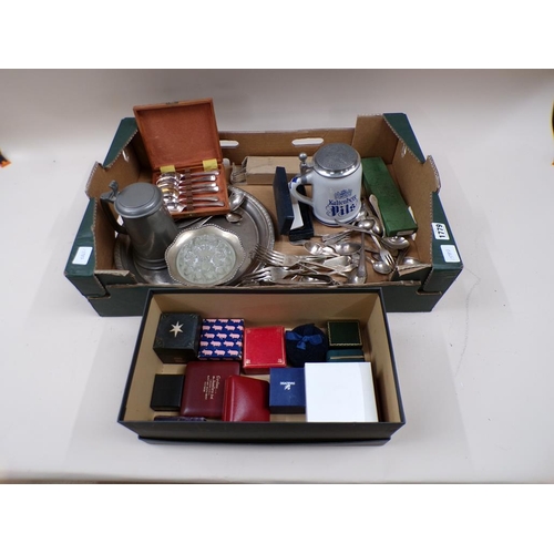 1779 - BOX OF MIXED SILVER PLATE PLUS STEINS, JEWELLERY BOXES ETC.