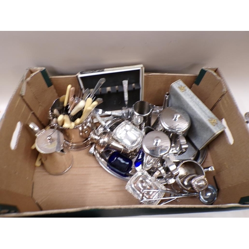 1785 - BOX OF MIXED SILVER PLATE TO INC. CUTLERY, CANDELABRA ETC.