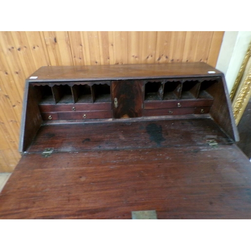 1880 - 19C MAHOGANY BUREAU WITH FALL FRONT AND FITTED INTERIOR OVER FOUR LONG DRAWERS, 102CM W