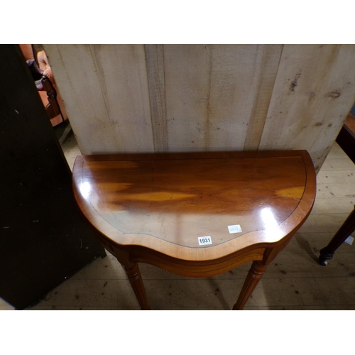 1931 - YEW WOOD VENEERED SERPENTINE DEMI LUNE SIDE TABLE, 80CM W