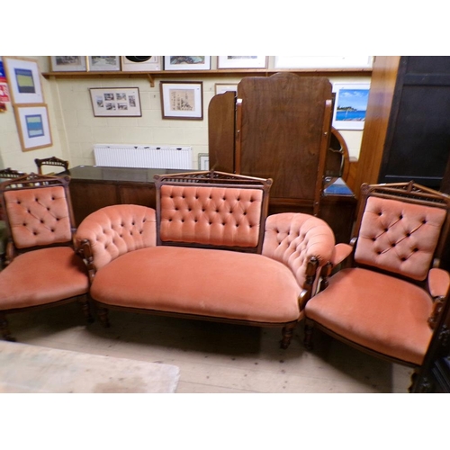 1953 - LATE VICTORIAN BUTTONED UPHOLSTERED FIVE PIECE SUITE COMPRISING ONE SOFA, (175cms W) ONE ARMCHAIR, O... 