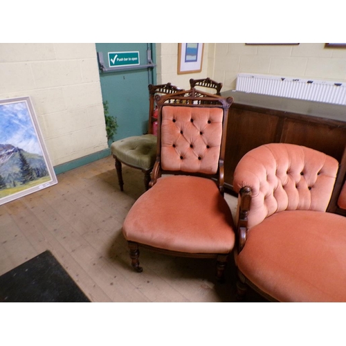 1953 - LATE VICTORIAN BUTTONED UPHOLSTERED FIVE PIECE SUITE COMPRISING ONE SOFA, (175cms W) ONE ARMCHAIR, O... 