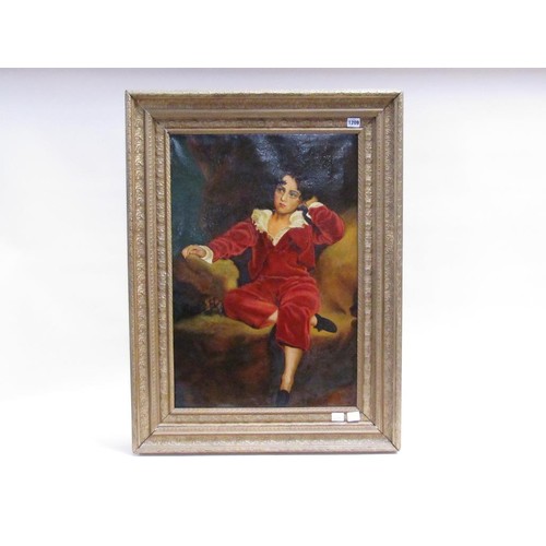 1209 - UNSIGNED - 19C BOY IN A RED VELVET SUIT, OIL ON CANVAS, FRAMED, 70CM X 47CM