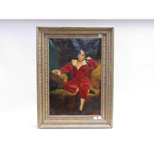 1209 - UNSIGNED - 19C BOY IN A RED VELVET SUIT, OIL ON CANVAS, FRAMED, 70CM X 47CM