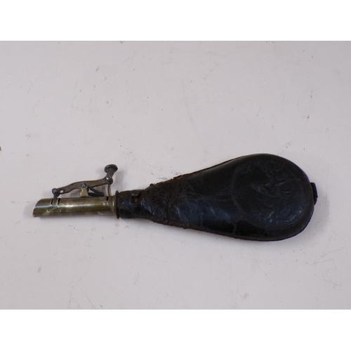 1408 - LEATHER AND BRASS POWDER FLASK