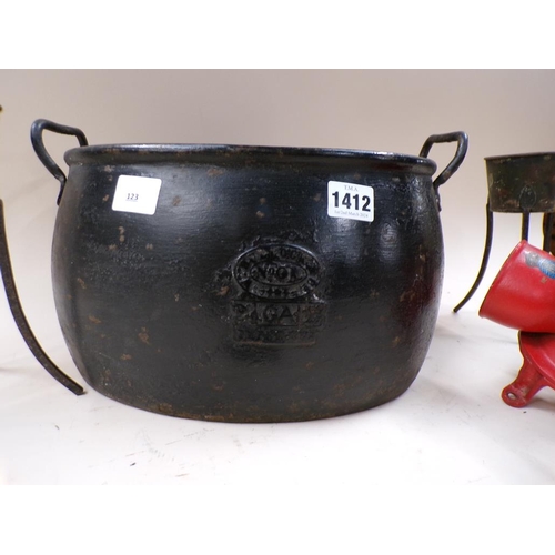 1412 - CAST IRON TWO HANDLED PAN, COFFEE GRINDER ETC.