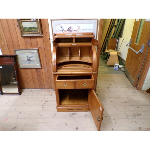 1868 - BELLE RENNAIS HARDWOOD CYLINDER TOPPED DESK WITH FITTED INTERIOR OVER TWO SHORT DRAWERS AND A CUPBOA... 