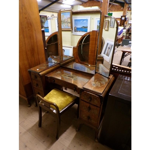 1957 - EARLY 20c FIGURED WALNUT CHINOISSERIE DECORATED FOUR PIECE SUITE COMPRISING DRESSING TABLE, DOUBLE W... 