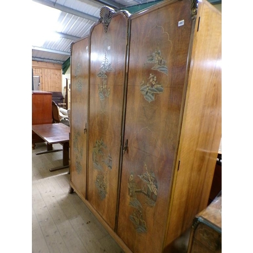 1957 - EARLY 20c FIGURED WALNUT CHINOISSERIE DECORATED FOUR PIECE SUITE COMPRISING DRESSING TABLE, DOUBLE W... 