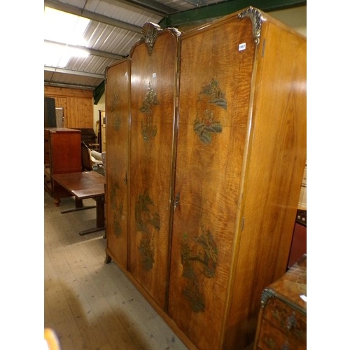 1957 - EARLY 20c FIGURED WALNUT CHINOISSERIE DECORATED FOUR PIECE SUITE COMPRISING DRESSING TABLE, DOUBLE W... 