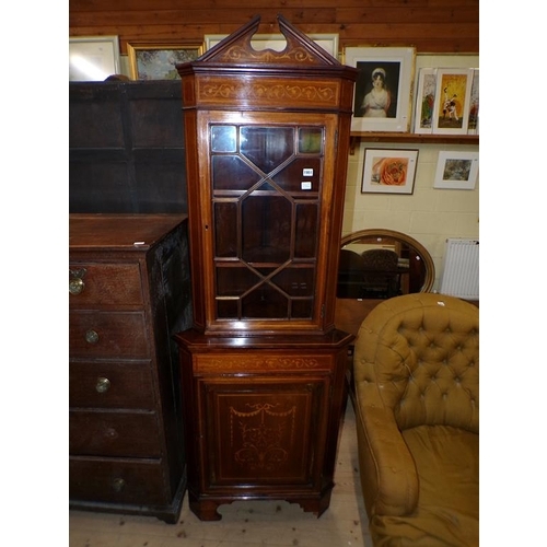 1951 - EDWARDIAN INLAID MAHOGANY GLAZED STANDING CORNER CUPBOARD, 70CM W, 198CM H