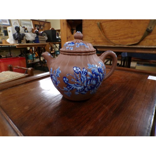 1803 - ORIENTAL TERRACOTTA TEAPOT WITH ENAMEL BLUE DECORATION,  A/F, 13CM H