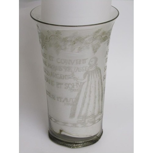 166 - A mid 17c ecclesiastical glass beaker with milled base, a/f, museum type repair to base, 20cm h - Th... 