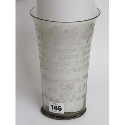 166 - A mid 17c ecclesiastical glass beaker with milled base, a/f, museum type repair to base, 20cm h - Th... 