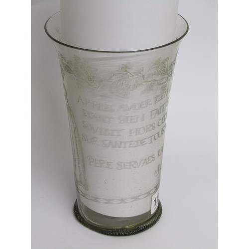 166 - A mid 17c ecclesiastical glass beaker with milled base, a/f, museum type repair to base, 20cm h - Th... 