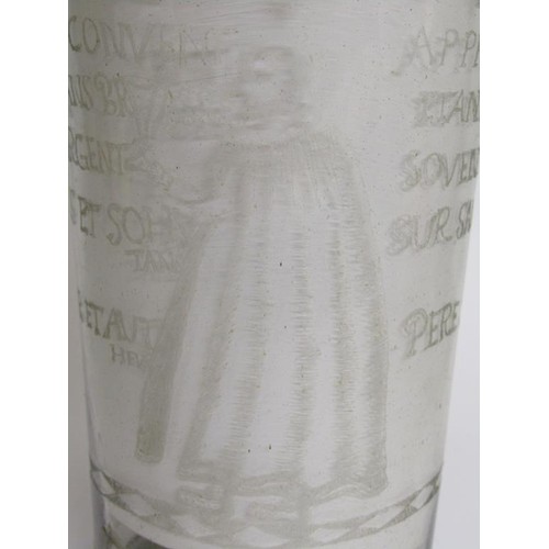 166 - A mid 17c ecclesiastical glass beaker with milled base, a/f, museum type repair to base, 20cm h - Th... 