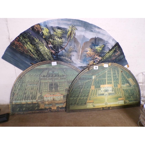 18 - ORIENTAL PAINTED FAN; TWO WALL PLAQUES