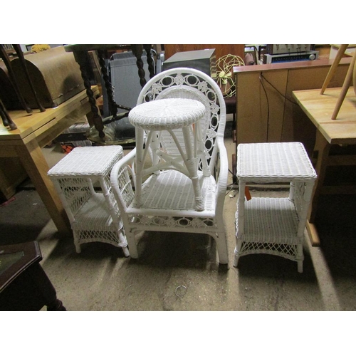 686 - TWO WICKER TABLES, CHAIR, STOOL