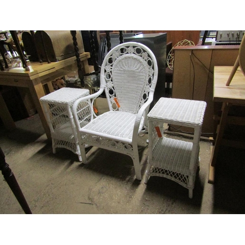 686 - TWO WICKER TABLES, CHAIR, STOOL